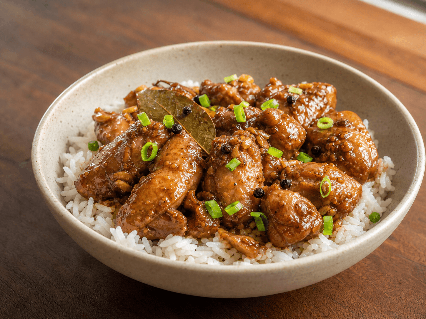A warm plate of Filipino chicken adobo over rice
